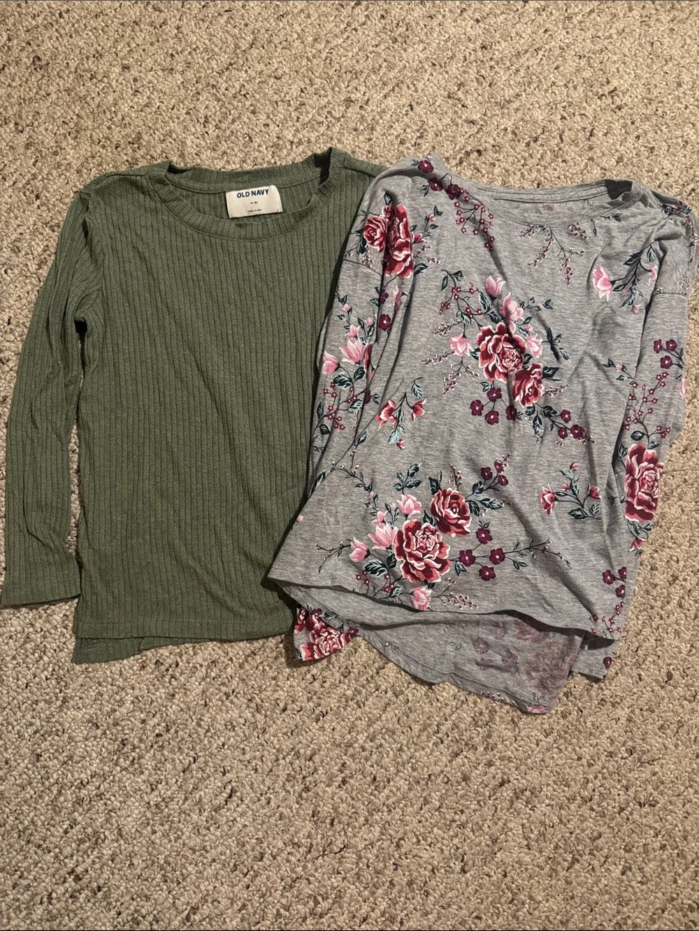 Old Navy Olive Green Ribbed Long-Sleeve Tee & Gray Floral Top